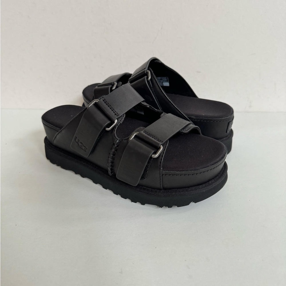 UGG GOLDENSTAR HI SLIDE LEATHER BLACK PLATFORM SANDALS